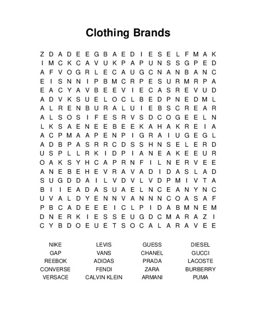 Clothing Brands Word Search Puzzle