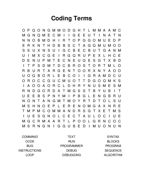 Coding Terms Word Search Puzzle