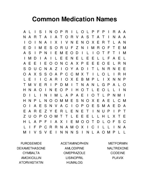 Common Medication Names Word Search Puzzle