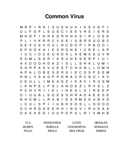 Common Virus Word Search Puzzle