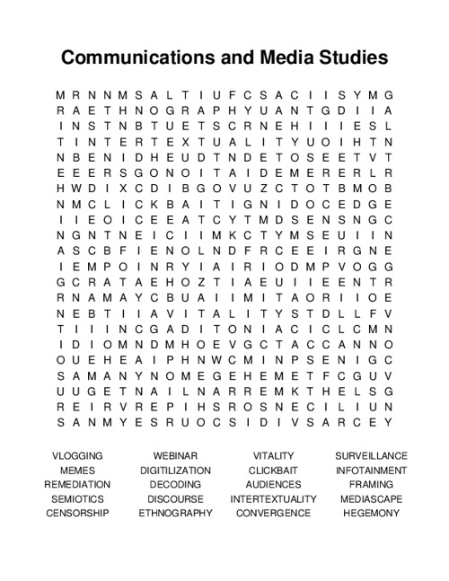 Communications and Media Studies Word Search Puzzle