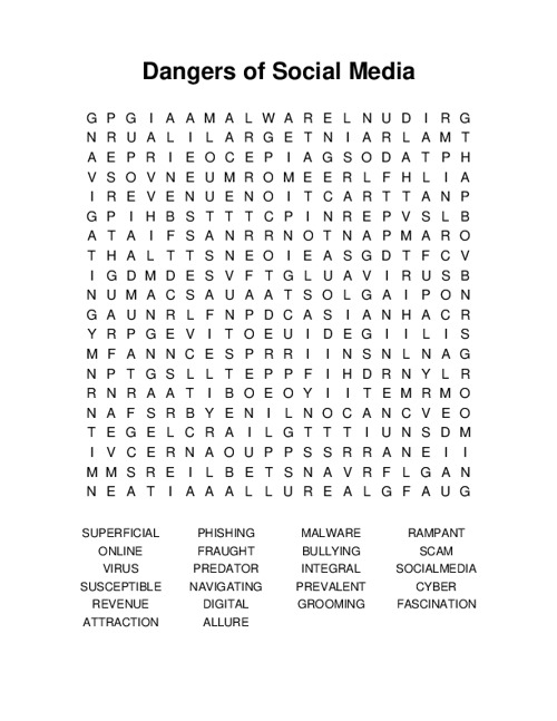 Dangers of Social Media Word Search Puzzle