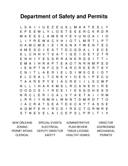 Department of Safety and Permits Word Search Puzzle