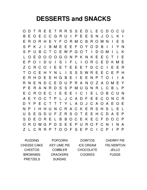 DESSERTS and SNACKS Word Search Puzzle