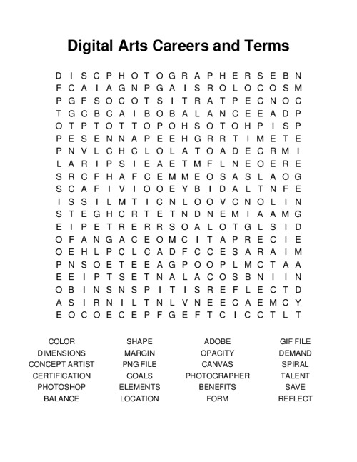 Digital Arts Careers and Terms Word Search Puzzle