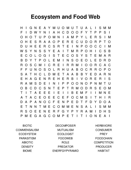 Ecosystem and Food Web Word Search Puzzle