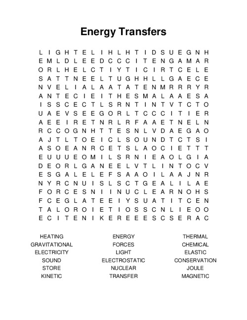 Energy Transfers Word Search Puzzle