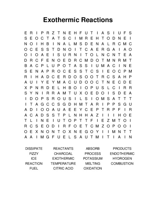 Exothermic Reactions Word Search Puzzle