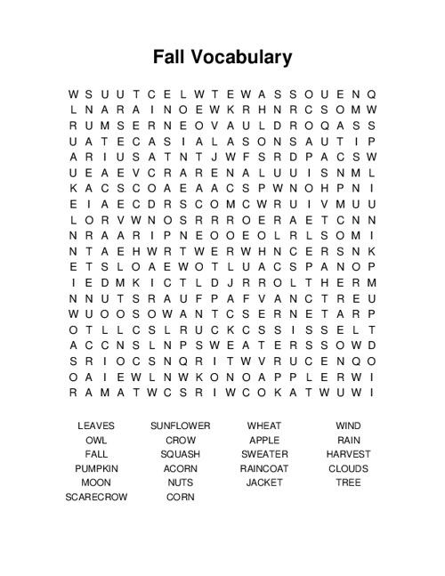 Fall Vocabulary Word Search Puzzle