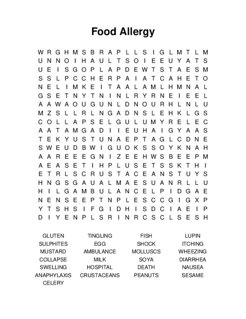 Food Allergy Word Search Puzzle
