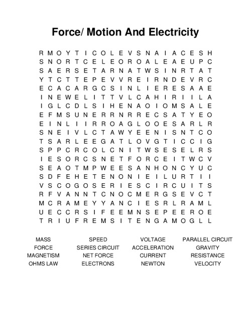 Force/ Motion And Electricity Word Search Puzzle