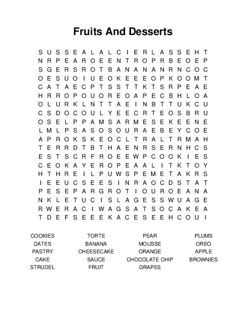 Fruits And Desserts Word Search Puzzle