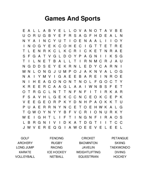 Games And Sports Word Search Puzzle