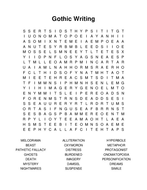 Gothic Writing Word Search Puzzle