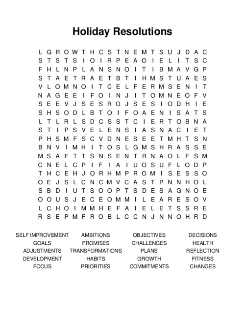 Holiday Resolutions Word Search Puzzle