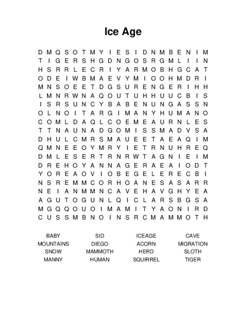 Ice Age Word Search Puzzle