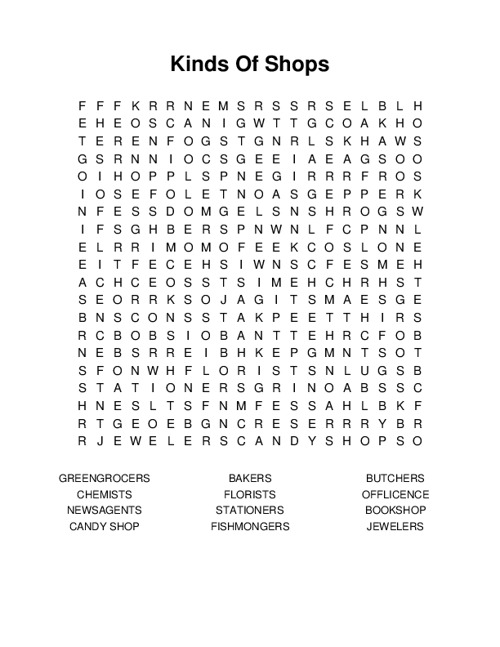 Kinds Of Shops Word Search Puzzle