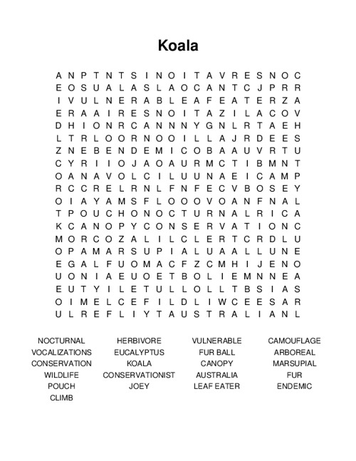 Koala Word Search Puzzle