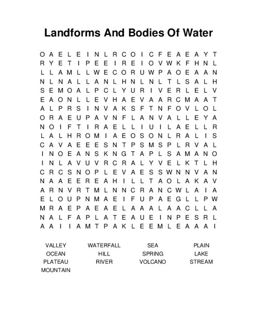 Landforms And Bodies Of Water Word Search Puzzle