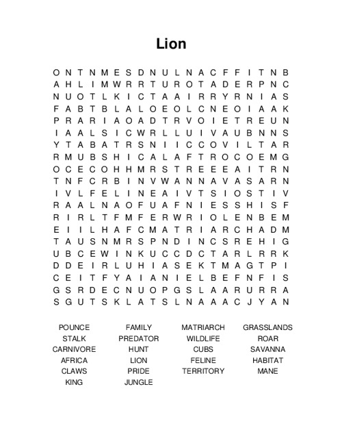 Lion Word Search Puzzle