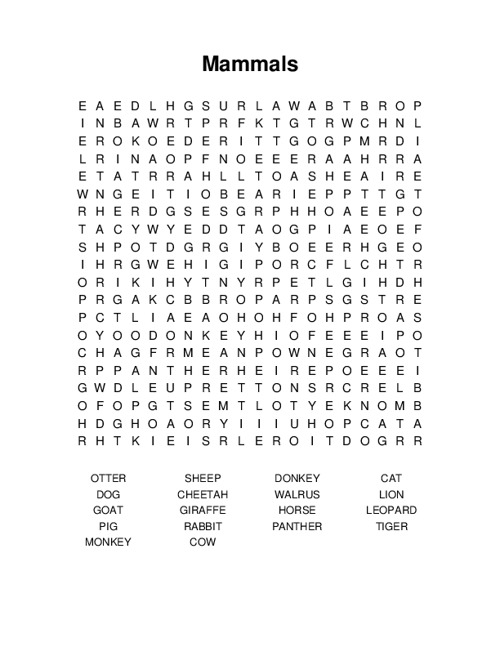 Mammals Word Search Puzzle