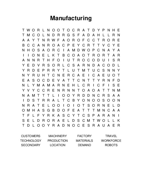 Manufacturing Word Search Puzzle