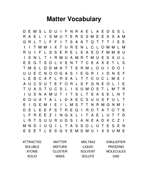 Matter Vocabulary Word Search Puzzle
