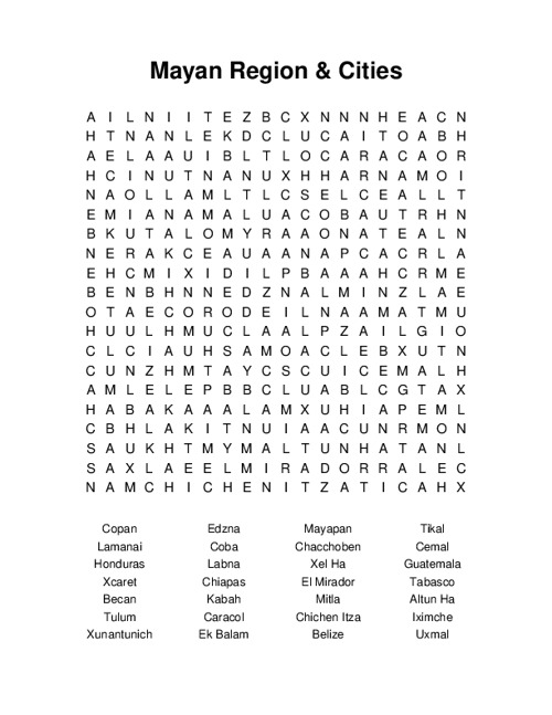 Mayan Region & Cities Word Search Puzzle