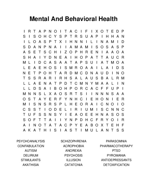 Mental And Behavioral Health Word Search Puzzle