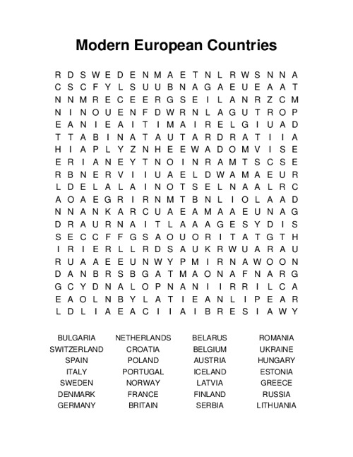 Modern European Countries Word Search Puzzle