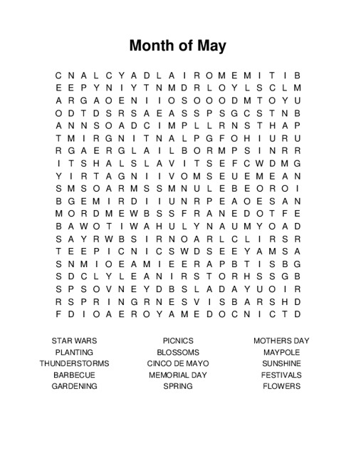 Month of May Word Search Puzzle