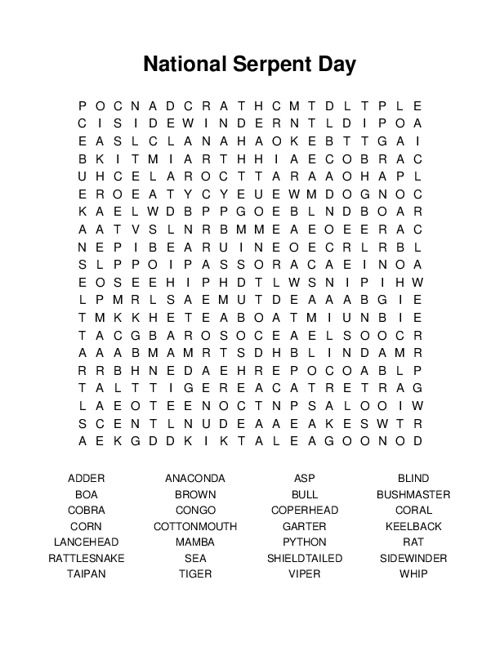 National Serpent Day Word Search Puzzle