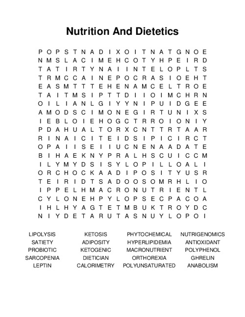 Nutrition And Dietetics Word Search Puzzle