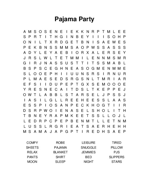 Pajama Party Word Search Puzzle