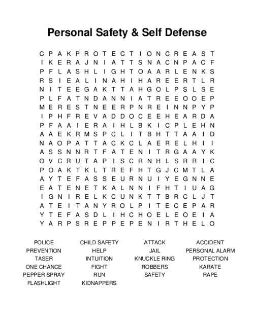 Personal Safety & Self Defense Word Search Puzzle