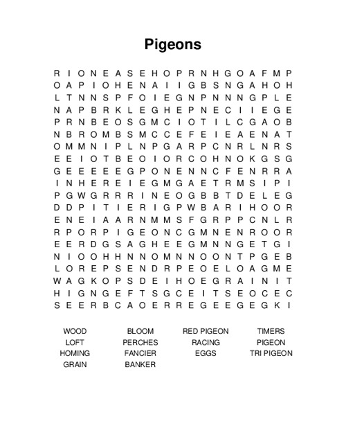 Pigeons Word Search Puzzle