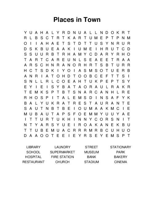 Places in Town Word Search Puzzle