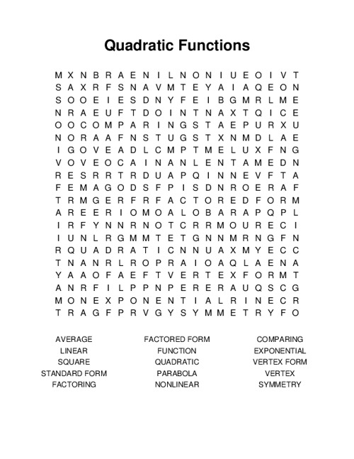 Quadratic Functions Word Search Puzzle