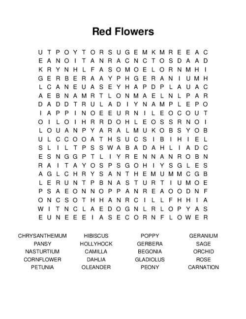 Red Flowers Word Search Puzzle