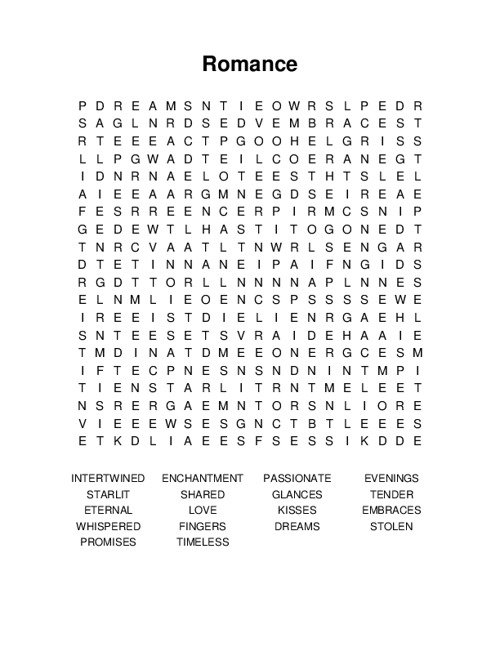 Romance Word Search Puzzle