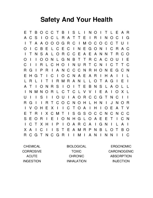 Safety And Your Health Word Search Puzzle