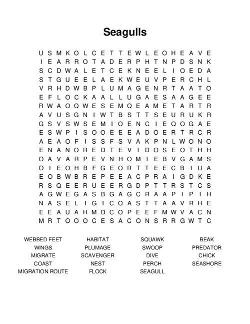 Seagulls Word Search Puzzle