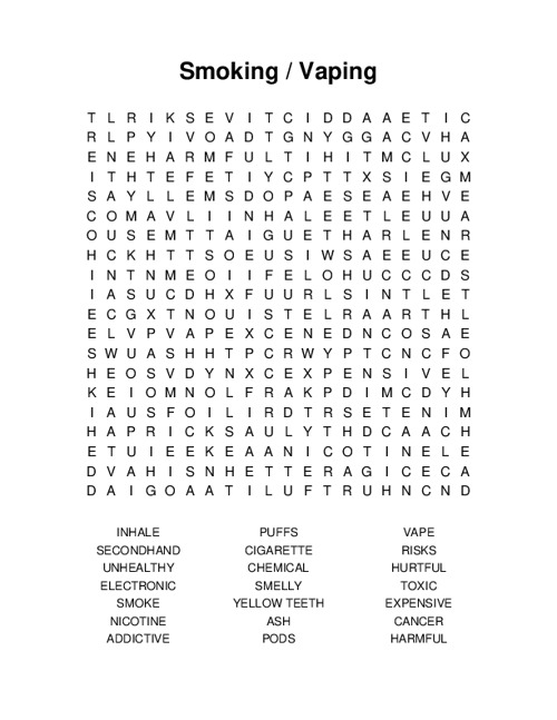 Smoking / Vaping Word Search Puzzle