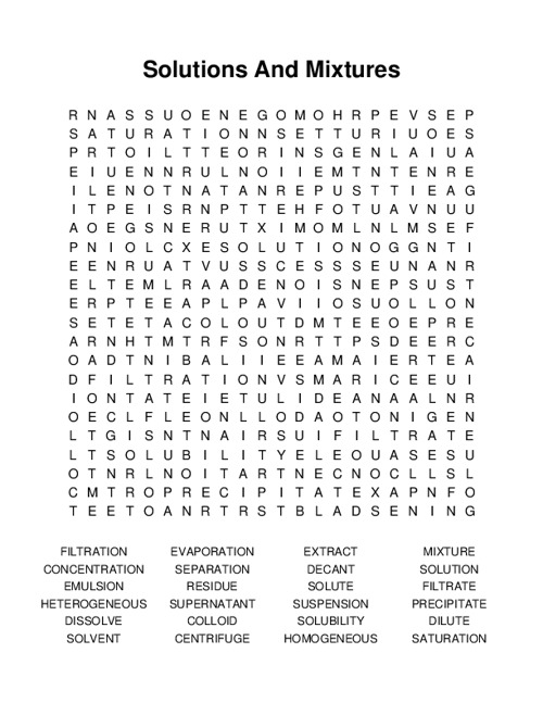 Solutions And Mixtures Word Search Puzzle