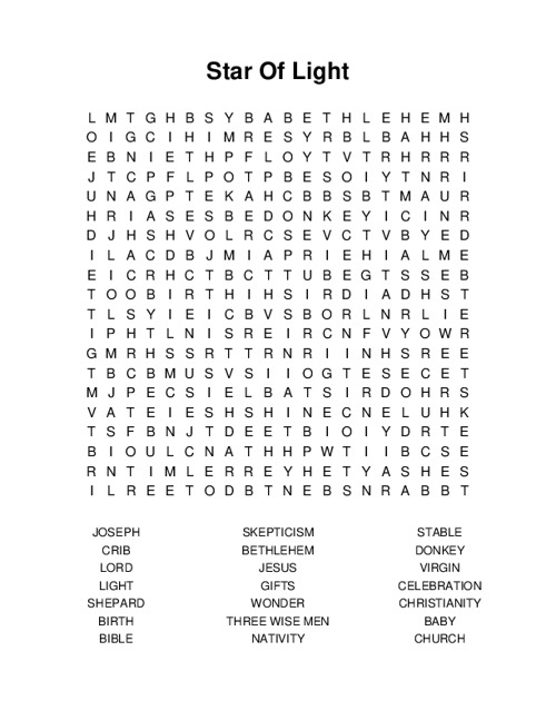 Star Of Light Word Search Puzzle
