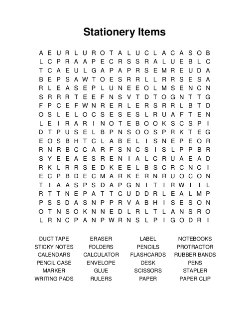 Stationery Items Word Search Puzzle