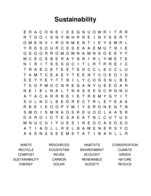 Sustainability Word Search Puzzle