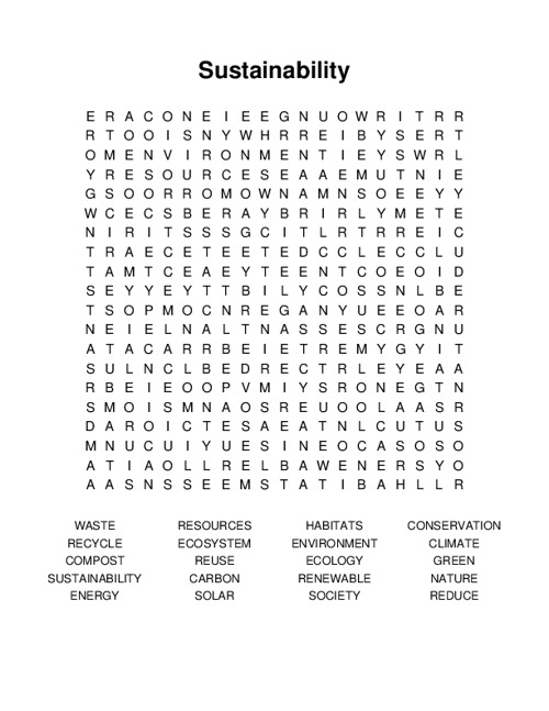 Sustainability Word Search Sustainability Word Search