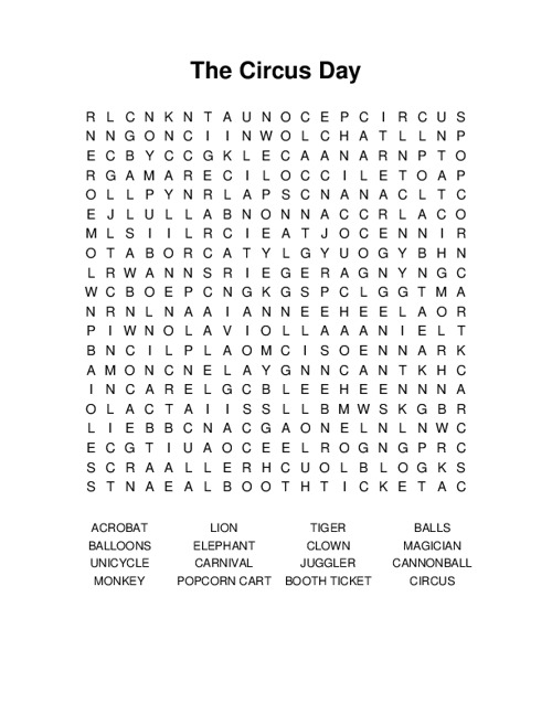 The Circus Day Word Search Puzzle