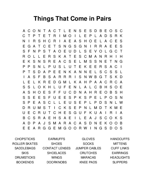 Things That Come in Pairs Word Search Puzzle